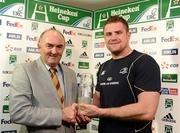 16 January 2010; Leinster's Jamie Heaslip is presented with the Heineken Cup Man of the Match award by  Pat Maher, National Sponsorship and Events Manager, Heineken Ireland. Heineken Cup, Pool 6, Round 5, Leinster v Brive, RDS, Ballsbridge, Dublin. Picture credit: Stephen McCarthy / SPORTSFILE