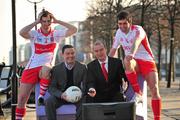 26 January 2010; Setanta Sports presenters Connor Morris, second from left, and Daire O'Brien, with players Joe McMahon, Tyrone, far right, and Derry captain Gerard O'Kane pictured in Dublin today to announce details of Setanta Sports’ live coverage of the 2010 Allianz GAA Football and Hurling National Leagues. Setanta will broadcast live games from the Leagues at 7.30pm on Saturday evenings on both the Setanta Ireland and Setanta Sports 1 channels. Live coverage of the 2010 Leagues begins on Saturday February 6th next with action from Derry v Tyrone on Setanta Ireland and Meath v Armagh on Setanta Sports 1. Clarion Hotel Dublin IFSC, Dublin. Picture credit: David Maher / SPORTSFILE