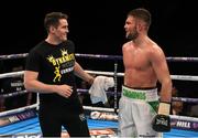 27 February 2016; Conrad Cummings in conversation with trainer Shane McGuigan after defeating Victor Garcia in their middleweight bout. Manchester Arena, Manchester, England. Picture credit: Ramsey Cardy / SPORTSFILE