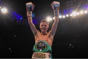 27 February 2016; Charlie Edwards celebrates after beating Luke Wilton in their WBC International Silver Flyweight Championship bout. Manchester Arena, Manchester, England.  Picture credit: Ramsey Cardy / SPORTSFILE
