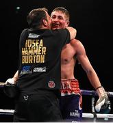 27 February 2016; Hosea Burton celebrates with trainer Joe Gallagher after beating Miles Shinkwin in their British Light-Heavyweight Championship bout. Manchester Arena, Manchester, England.  Picture credit: Ramsey Cardy / SPORTSFILE