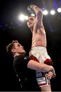 27 February 2016; Josh Taylor celebrates with trainer Shane McGuigan after defeating Lyes Chaibi in their super-lightweight bout. Manchester Arena, Manchester, England.  Picture credit: Ramsey Cardy / SPORTSFILE