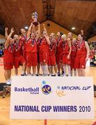 31 January 2010; The DCU Mercy team celebrate with the cup after the game. Women's Superleague National Cup Final 2010, Team Montenotte Hotel Cork v DCU Mercy, National Basketball Arena, Tallaght, Dublin. Picture credit: Brendan Moran / SPORTSFILE