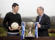 3 February 2010; Tyrone manager Mickey Harte, right, and Down footballer Martin Clarke at the Belfast launch of the Allianz GAA National Football Leagues 2010. Belfast, Co. Antrim. Malone House, Barnett Demesne, Belfast, Co. Antrim. Picture credit: Oliver McVeigh / SPORTSFILE