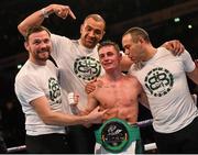 27 February 2016; Ryan Burnett with his backroom team, from left, Andy Lee, Richard Towers and trainer Adam Booth, after defeating Anthony Setteoul. Manchester Arena, Manchester, England.  Picture credit: Ramsey Cardy / SPORTSFILE