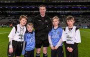 27 January 2016; Match referee Padraig Hughes with Allianz mascots Mark Butler, second from left, and his brother Christopher, from Bayside N.S., and 'Young Whistelers' Rory Perry, extreme left, Scoil Mológa, Harold's Cross and Harry Collier, right, St Helen's Portmarnock, before the game. Allianz Football League, Division 1, Round 3, Dublin v Monaghan. Croke Park, Dublin. Picture credit: Ray McManus / SPORTSFILE