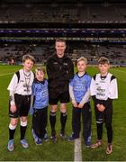 27 January 2016; Match referee Padraig Hughes, with Allianz mascots Mark Butler, second from left, and his brother Christopher, from Bayside N.S., and 'Young Whistelers' Rory Perry, extreme left, Scoil Mológa, Harold's Cross and Harry Collier, right, St Helen's Portmarnock, before the game. Allianz Football League, Division 1, Round 3, Dublin v Monaghan. Croke Park, Dublin. Picture credit: Ray McManus / SPORTSFILE