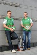 5 February 2010; Ireland rugby stars Luke Fitzgerald, left, and Geordan Murphy who brought Ireland’s famous Grand Slam winning trophy to George’s Quay today to launch the RBS 6 Nations in Ulster Bank. The injured duo looked ahead to Ireland’s defence of the Championship at the event where Ulster Bank unveiled a range of activities to add to rugby fans enjoyments of the tournament this year. Ulster Bank’s rugby website was launched with a special game available on http://rugby.ulsterbank.com and available for free download as an iphone application. Ulster Bank and Newstalk have also teamed up to host a series of events for Ireland’s away matches, starting with a dual screening of France v Ireland in Dublin, Odeon Bar, and Cork, Clancy’s Bar, on Saturday 13th February. Ulster Bank, George’s Quay, Dublin. Picture credit: David Maher / SPORTSFILE