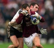21 April 2001; Derek Savage of Galway is tackled by Brendan Phillips of Sligo during the Allianz GAA National Football League Division 1 Semi-Final match between Galway and Sligo in Dr Hyde Park in Roscommon. Photo by Damien Eagers/Sportsfile