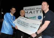 8 February 2010; Emmet Switzer, Inter Sevens League manager, left, Jonathon Power, right, Community Fundraising manager Concern Worldwide, right, and Republic of Ireland manager Giovanni Trapattoni with a cheque for €82,000 raised for Concern Worldwide from charity football games in aid of the Haiti Appeal. Charity Football Game in aid of the Haiti Appeal, Irishtown Stadium, Ringsend, Dublin. Photo by Sportsfile