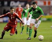 9 February 2010; Carl McHugh, Republic of Ireland, in action against Mate Szolga, Hungary. Under 17 International Friendly, Republic of Ireland v Hungary, Tolka Park, Dublin. Picture credit: David Maher / SPORTSFILE