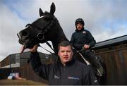 1 March 2016; Trainer Gordon Elliott with Don Cossack, with Simon McGonagle up, at his stables ahead of the Cheltenham Festival. Gordon Elliott Stable Visit ahead of Cheltenham 2016. Cullentra House, Longwood, Co. Meath Picture credit: Ramsey Cardy / SPORTSFILE