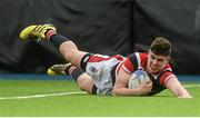 2 March 2016; Adam Curry, Wesley College, scores his sides first try. Bank of Ireland Vinnie Murray Cup Final, Castleknock College v Wesley College, Donnybrook Stadium, Donnybrook, Dublin. Picture credit: Piaras Ó Mídheach / SPORTSFILE