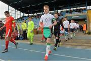 3 March 2016; Republic of Ireland captain Anthony Scully leads his team out for the start of the match. U17 International Friendly, Republic of Ireland v Switzerland. RSC, Waterford. Picture credit: Matt Browne / SPORTSFILE