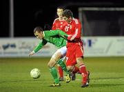 11 February 2010; Graham Burke, Republic of Ireland, in action against Balint Vecsei, Hungary. Under 17 International Friendly, Republic of Ireland v Hungary, Carlisle Grounds, Bray, Co. Wicklow. Picture credit: Pat Murphy / SPORTSFILE