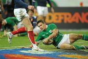 13 February 2010; David Wallace, Ireland, goes over to score Ireland's only try of the game. RBS Six Nations Rugby Championship, France v Ireland, Stade de France, Saint Denis, Paris, France. Picture credit: Brian Lawless / SPORTSFILE