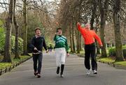15 February 2010; At the Launch of the Jockey Olympics in aid of the GOAL Haiti Appeal are Jockey Barry Geraghty with Hector O'hEochagain, left, and Gerry Loftus, right. Launch of the Jockey Olympics in aid of the GOAL Haiti Appeal, St. Stephen’s Green, Dublin. Photo by Sportsfile