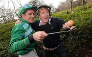 15 February 2010; At the Launch of the Jockey Olympics in aid of the GOAL Haiti Appeal are Jockey Barry Geraghty with Hector O'hEochagain, right. Launch of the Jockey Olympics in aid of the GOAL Haiti Appeal, St. Stephen’s Green, Dublin. Photo by Sportsfile