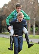 15 February 2010; At the Launch of the Jockey Olympics in aid of the GOAL Haiti Appeal are Jockey Barry Geraghty and Hector O'hEochagain. Launch of the Jockey Olympics in aid of the GOAL Haiti Appeal, St. Stephen’s Green, Dublin. Photo by Sportsfile