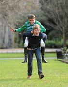 15 February 2010; At the Launch of the Jockey Olympics in aid of the GOAL Haiti Appeal are Jockey Barry Geraghty and Hector O'hEochagain. Launch of the Jockey Olympics in aid of the GOAL Haiti Appeal, St. Stephen’s Green, Dublin. Photo by Sportsfile