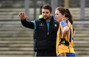 6 March 2016; Clare manager Neil Moynihan speaks with Niamh O'Dea before the game. Lidl Ladies Football National League, Division 2, Donegal v Clare. Fr Tierney Park, Ballyshannon, Co. Donegal. Picture credit: Oliver McVeigh / SPORTSFILE