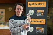 7 March 2016; Pictured is Roma McLaughlin, Inishowen, Co. Donegal native and Peamount United player being presented with the Continental Tyres Women’s National League Player of the Month Award for January 2016. Roma was presented with her trophy by Dave Connell at FAI Headquarters, Abbottstown, Dublin. Picture credit: Ramsey Cardy / SPORTSFILE