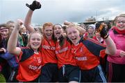 7 March 2016; Scoil Mhuire, Carrick on Suir, Tipperary, players, from left Claire Hennebry, Aoife Doyle, Emma Curry and Emily McCarthy celebrate after the final whistle. Lidl All Ireland Senior A Post Primary Schools Championship Final, Coláiste Iosagain, Stillorgan, Dublin v Scoil Mhuire, Carrick on Suir, Tipperary. Nowlan Park, Kilkenny. Picture credit: Matt Browne / SPORTSFILE