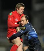 20 February 2010; Rhys Priestland, Scarlets, is tackled by Girvan Dempsey, Leinster. Celtic League, Leinster v Scarlets. RDS, Dublin. Picture credit: Stephen McCarthy / SPORTSFILE
