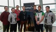 8 March 2016; Seamus Hickey, GPA Chairman and Limerick hurler, centre, with the Ulster representitives on the GPA student leadership group, from left, Aidan Forker, Armagh fooballer, Connor McAnallen, Armagh hurler, Killian Clarke, Cavan footballer, Cathal McShane, Tyrone footballer, Michael Dudley, Antrim hurler, and Ryan Murray, Antrim footballer, at the GPA Students Redefined Workshops in Belfast. The GPA is hosting the workshops for student county players nationwide with over 350 students attending gatherings in Cork, Galway, Limerick, Belfast and Dublin. Titanic Belfast, Belfast, Co. Antrim. Picture credit: Oliver McVeigh / SPORTSFILE