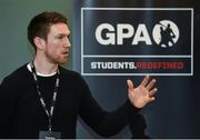 8 March 2016; Seamus Hickey, GPA Chairman and Limerick hurler, speaking at the GPA Students Redefined Workshops in Belfast. The GPA is hosting the workshops for student county players nationwide with over 350 students attending gatherings in Cork, Galway, Limerick, Belfast and Dublin. Titanic Belfast, Belfast, Co. Antrim. Picture credit: Oliver McVeigh / SPORTSFILE