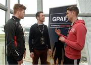 8 March 2016; Seamus Hickey, GPA Chairman and Limerick hurler, centre, along with Cathal McShane, Tyrone footballer, left, and  Killian Clarke, Cavan footballer, in attendance at the GPA Students Redefined Workshops in Belfast. The GPA is hosting the workshops for student county players nationwide with over 350 students attending gatherings in Cork, Galway, Limerick, Belfast and Dublin. Titanic Belfast, Belfast, Co. Antrim. Picture credit: Oliver McVeigh / SPORTSFILE