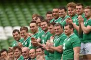 11 March 2016; Ireland's Donnacha Ryan with team-mates during the team photograph at the captain's run. Ireland Rugby Captain's Run. Aviva Stadium, Lansdowne Road, Dublin.  Picture credit: Matt Browne / SPORTSFILE