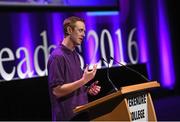 11 March 2016; Kerry footballer Colm Cooper speaking at the 10th Annual Terenure College ‘Leaders On Our Level’ at the Convention Centre. The event, completely organised by the transition year students of Terenure College in Dublin, saw a series of speakers inspire and motivate the 2000 students in attendance. Special guests included adventurer Mark Pollock, musician and author Bressie, ex Ireland Women’s Rugby Captain Fiona Coghlan, Kerry footballing Legend Colm Cooper, Fiona Carey, Director of Operations, Microsoft, sports psychologist Enda McNulty, Michael Carey, Chairman, Bord Bia, Donna Reilly, HR Business Partner, AIB, Fr. Peter McVerry and Bernard Byrne, Chief Executive, AIB. Convention Centre, Dublin.  Picture credit: Ramsey Cardy / SPORTSFILE