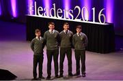 11 March 2016; The Terenure College Student Committee, from left, Matthew O'Shea, Shane Curran, Tom Muldoon and Jamie Devlin, at the 10th Annual Terenure College ‘Leaders On Our Level’ at the Convention Centre. The event, completely organised by the transition year students of Terenure College in Dublin, saw a series of speakers inspire and motivate the 2000 students in attendance. Special guests included adventurer Mark Pollock, musician and author Bressie, ex Ireland Women’s Rugby Captain Fiona Coghlan, Kerry footballing Legend Colm Cooper, Fiona Carey, Director of Operations, Microsoft, sports psychologist Enda McNulty, Michael Carey, Chairman, Bord Bia, Donna Reilly, HR Business Partner, AIB, Fr. Peter McVerry and Bernard Byrne, Chief Executive, AIB. Convention Centre, Dublin.  Picture credit: Ramsey Cardy / SPORTSFILE