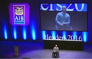 11 March 2016; Adventurer, athlete and author Mark Pollock speaking at the 10th Annual Terenure College ‘Leaders On Our Level’ at the Convention Centre. The event, completely organised by the transition year students of Terenure College in Dublin, saw a series of speakers inspire and motivate the 2000 students in attendance. Special guests included adventurer Mark Pollock, musician and author Bressie, ex Ireland Women’s Rugby Captain Fiona Coghlan, Kerry footballing Legend Colm Cooper, Fiona Carey, Director of Operations, Microsoft, sports psychologist Enda McNulty, Michael Carey, Chairman, Bord Bia, Donna Reilly, HR Business Partner, AIB, Fr. Peter McVerry and Bernard Byrne, Chief Executive, AIB. Convention Centre, Dublin.  Picture credit: Ramsey Cardy / SPORTSFILE