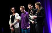 11 March 2016; Pictured are, from right to left, former Ireland women's rugby captain Fiona Coghlan, Fiona Carney, Director of Operations, Microsoft, Kerry footballer Colm Cooper and Donna Reilly, HR Business Partner, AIB, at the 10th Annual Terenure College ‘Leaders On Our Level’ at the Convention Centre. The event, completely organised by the transition year students of Terenure College in Dublin, saw a series of speakers inspire and motivate the 2000 students in attendance. Special guests included adventurer Mark Pollock, musician and author Bressie, ex Ireland Women’s Rugby Captain Fiona Coghlan, Kerry footballing Legend Colm Cooper, Fiona Carney, Director of Operations, Microsoft, sports psychologist Enda McNulty, Michael Carey, Chairman, Bord Bia, Donna Reilly, HR Business Partner, AIB, Fr. Peter McVerry and Bernard Byrne, Chief Executive, AIB. Convention Centre, Dublin.  Picture credit: Ramsey Cardy / SPORTSFILE