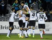 11 March 2016; Paddy Barrett, Dundalk, centre, is congratulated by team mates after scoring the first goal. SSE Airtricity League Premier Division, Dundalk v Finn Harps. Oriel Park, Dundalk, Co. Louth.  Picture credit: Oliver McVeigh / SPORTSFILE