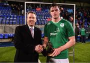 11 March 2016; Pictured is Paul Stapleton, General Manager of Electric Ireland, proud sponsor of the U20’s Six Nations Home Games, presenting Ireland's James Ryan with the Player of the Match award for his outstanding performance in the Electric Ireland U20s Six Nations Home Game, Ireland v Italy in Donnybrook Stadium. Electric Ireland believes in Smarter Living and for rugby fans these matches are the smarter choice to experience the Six Nations atmosphere while seeing at first hand the future stars of Irish rugby. Picture credit: Stephen McCarthy / SPORTSFILE