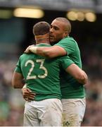 12 March 2016; Ireland's Fergus McFadden is congratulated by team-mate Simon Zebo after scoring his side's ninth try. RBS Six Nations Rugby Championship, Ireland v Italy. Aviva Stadium, Lansdowne Road, Dublin. Picture credit: Stephen McCarthy / SPORTSFILE