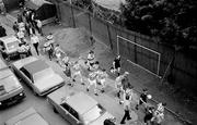 12 April 1987; The Shamrock Rovers team leave the dressing rooms before the final match to be played at the venue. Shamrock Rovers v Sligo Rovers, League of Ireland, First Division, Glenmalure Park, Milltown, Dublin. Picture credit: Ray McManus / SPORTSFILE