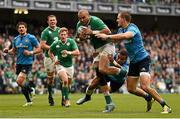 12 March 2016; Simon Zebo, Ireland, is tackled by Marco Fuser and Mattia Bellini, Italy. RBS Six Nations Rugby Championship, Ireland v Italy. Aviva Stadium, Lansdowne Road, Dublin. Picture credit: Stephen McCarthy / SPORTSFILE