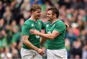 12 March 2016; Ireland's Jared Payne, right, is congratulated by team-mate Andrew Trimble, after scoring his side's fifth try of the game. RBS Six Nations Rugby Championship, Ireland v Italy. Aviva Stadium, Lansdowne Road, Dublin. Picture credit: Ramsey Cardy / SPORTSFILE