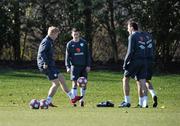 1 March 2010; Republic of Ireland players left to right, Paul Mcshane, Greg Cunningham and Darron Gibson during squad training ahead of their international friendly match against Brazil on Tuesday. Arsenal Training Centre, Bell Lane, London Colney, St. Alban’s, London. Picture credit: David Maher / SPORTSFILE