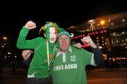 2 March 2010; Republic of Ireland supporters Daniel O'Neill with his son Arthur, from Cookstown, Co. Tyrone, on their way to the game. International Friendly, Republic of Ireland v Brazil, Emirates Stadium, London, England. Picture credit: David Maher / SPORTSFILE