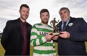 13 March 2016; Sean Murphy, Sheriff YC,  is awarded the Aviva Man of the Match from, Alan Cawley, left and Noel Fitzroy, President of FAI Junior Council, for the FAI Junior Cup Quarter Final between Kilbarrack United and Sheriff YC at Greendale Road in Dublin #RoadToAviva.  Picture credit: David Maher / SPORTSFILE