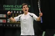 5 March 2010; James McGee, Ireland, celebrates a point in his first set against Haluk Akkoyun, Turkey. Davis Cup, Europe/Africa Zone, Group Two, James McGee v Haluk Akkoyun, Ireland v Turkey, Fitzwilliam LTC, Dublin. Picture credit: Brian Lawless / SPORTSFILE