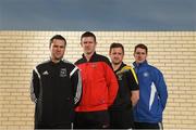 14 March 2016; FAI Umbro Intermediate Cup semi-finalists, from left, Mark Forker, Letterkenny Rovers FC, Co. Donegal, Derek O'Sullivan, Ringmahon Rangers, Co. Cork, Callum Riches, Portmarnock AFC, Co. Dublin and James Lee, Crumlin United FC, Co. Dublin. FAI Headquarters, Abbotstown, Dublin. Photo by Sportsfile