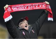 14 March 2016; Derry City supporter Hugh McMonagle, from the Pride of North Side Derry Supporters Club, cheers his team on as they make their way onto the pitch. SSE Airtricity League Premier Division, Bray Wanderers v Derry City, Carlisle Grounds, Bray, Co. Wicklow. Picture credit: David Fitzgerald / SPORTSFILE