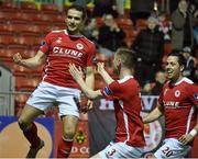 14 March 2016; Christy Fagan, left, St Patrick's Athletic, celebrates after scoring his side's second goal with team-mates Ian Bermingham and Billy Dennehy. SSE Airtricity League Premier Division, St Patrick's Athletic v Bohemians. Richmond Park, Dublin. Picture credit: David Maher / SPORTSFILE