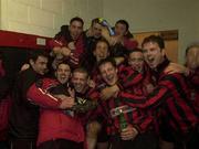 26 April 2001; Longford Town players celebrate in the dressing room after the FAI Harp Lager Cup Semi-Final Replay match between Longford Town and Waterford Town at Flancare Park in Longford. Photo by David Maher/Sportsfile